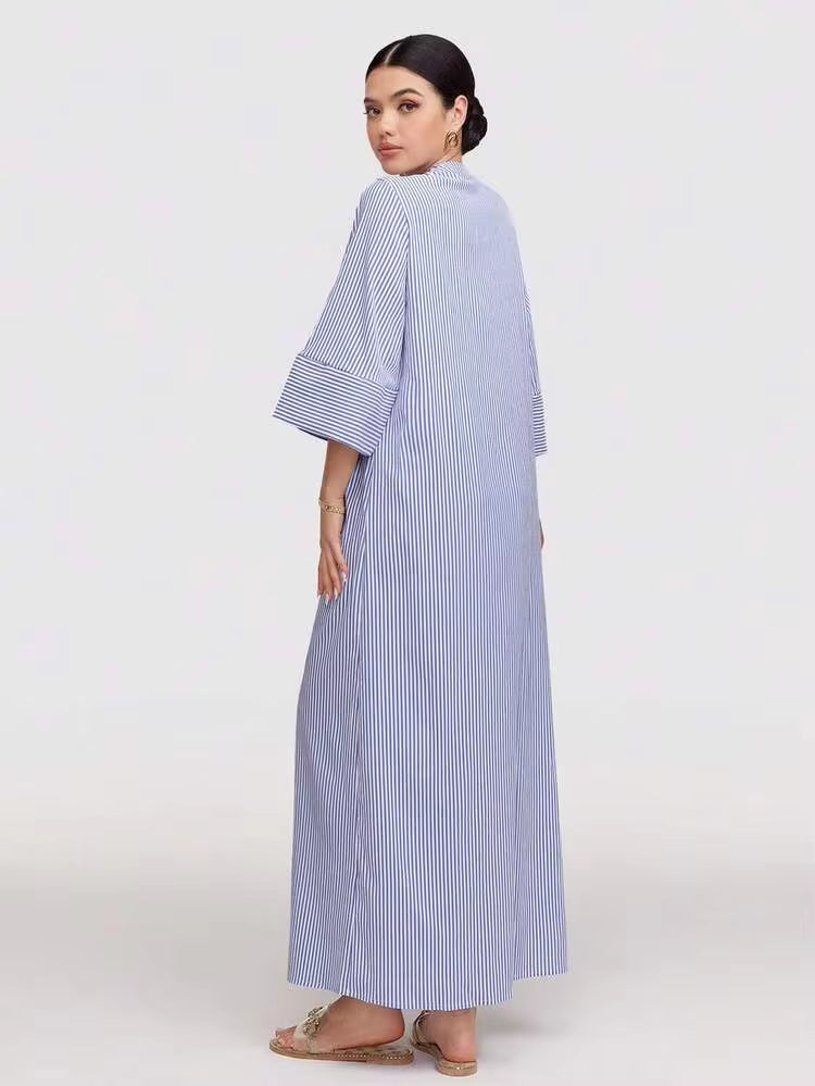 Nadia Striped Button‑Front Abaya Dress