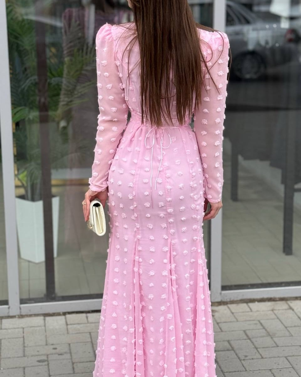Nora 3D Floral Puff‑Sleeve Maxi Dress