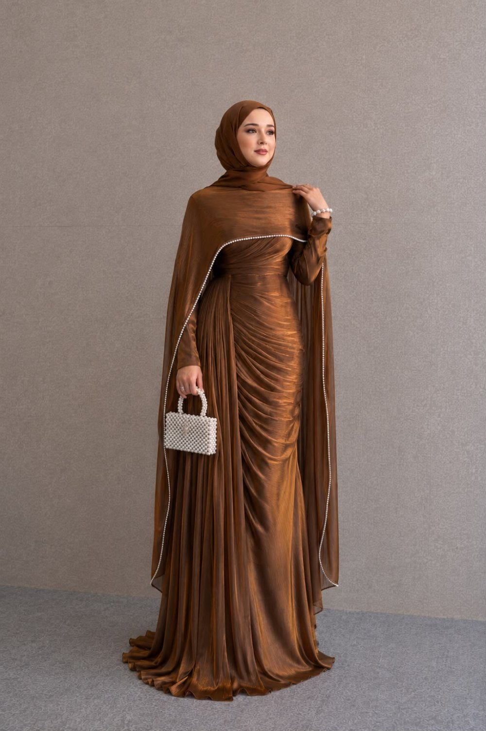 Salma Beaded Cape Ruched Maxi Dress