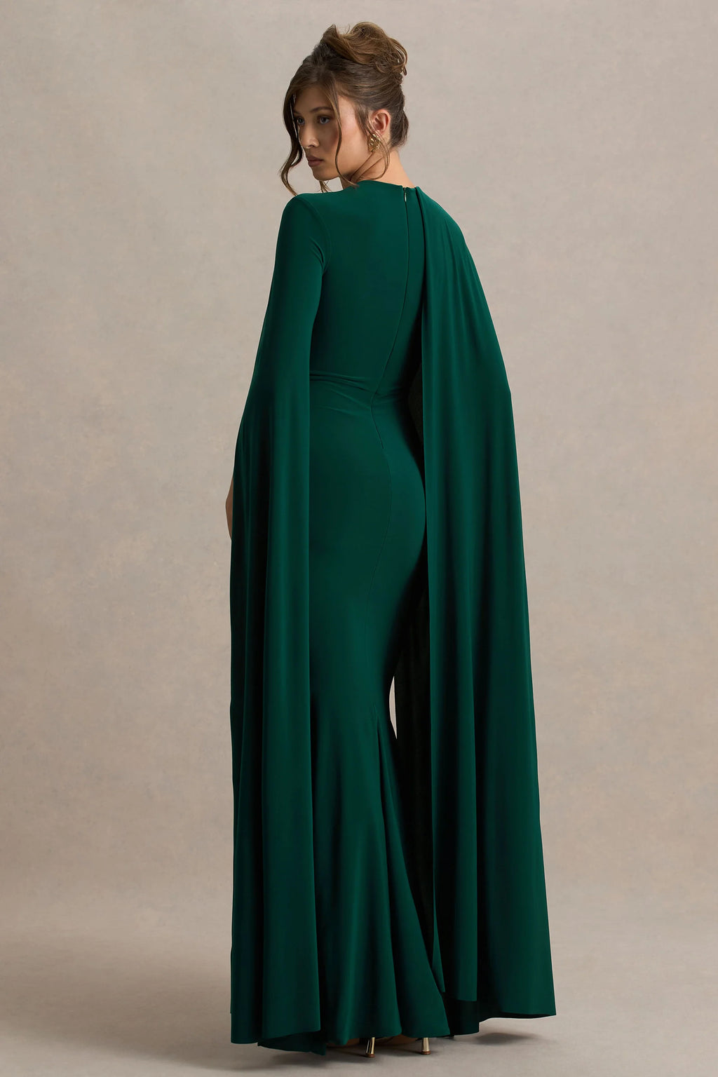 Hana Cape‑Sleeve Ruched Mermaid Maxi Dress