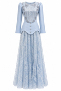 Rina Beaded Neck Puff Sleeve Mermaid Dress-Blue