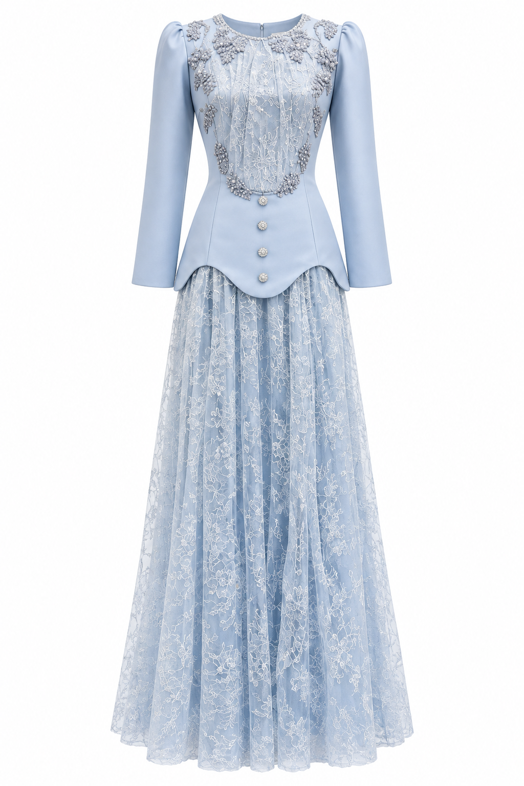 Rina Beaded Neck Puff Sleeve Mermaid Dress-Blue
