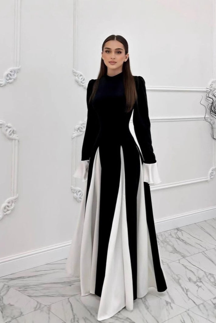 Zohra Contrast‑Panel Flare‑Cuff Maxi dress