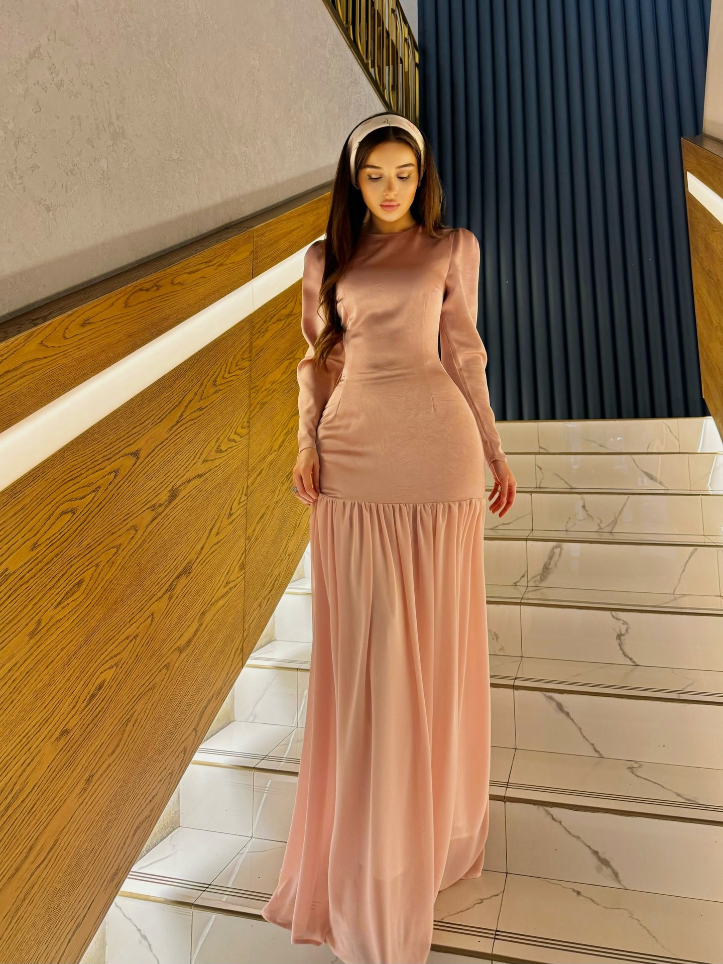 Hana Puff‑Sleeve Mixed‑Fabric Maxi Dress