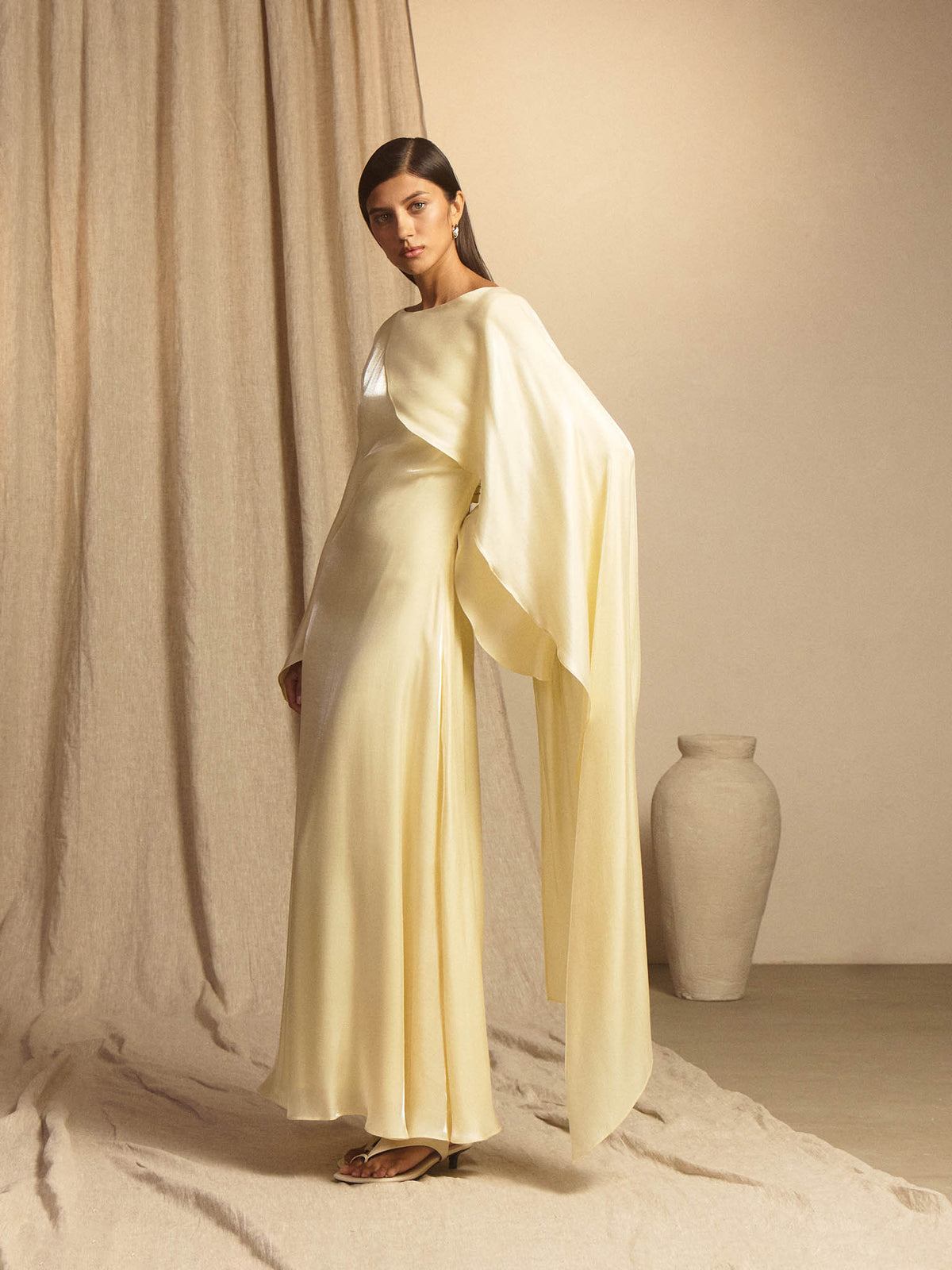 Nadia Draped Cape Satin Maxi Dress