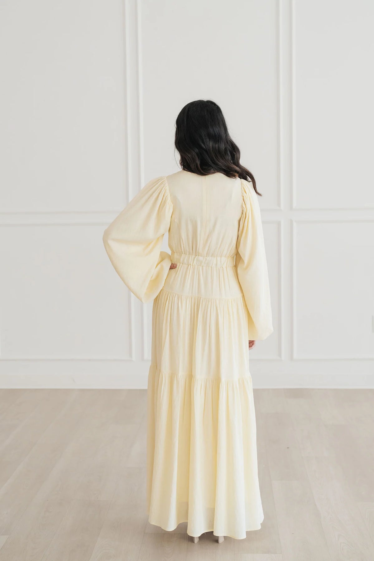 Mona Stand‑Collar Pearl Tiered Maxi Dress