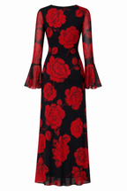 Lila Ruched Floral Flare‑Sleeve Maxi Dress