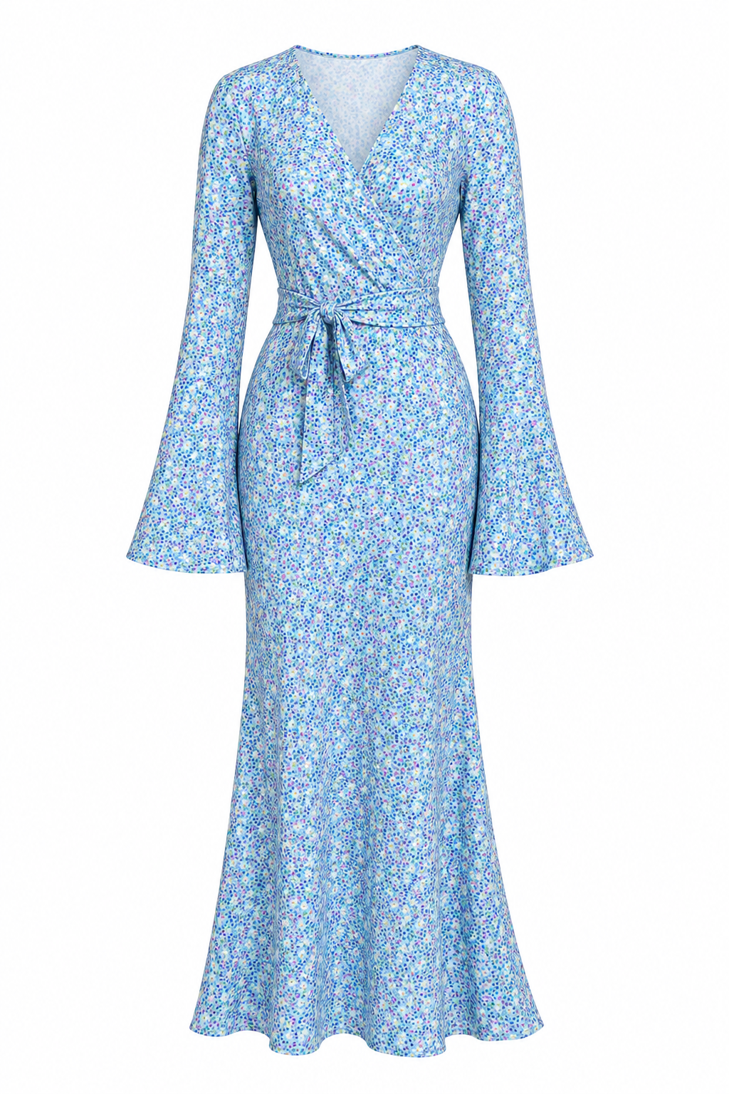 Karimah Wrap‑V Flare‑Sleeve Floral Maxi Dress