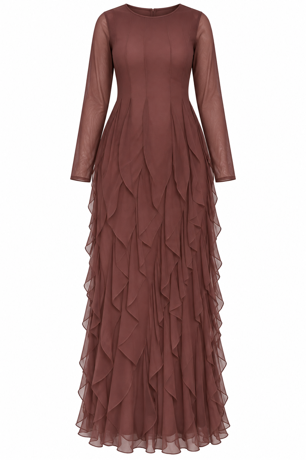 Zahra Mesh Ruffle Asymmetrical Maxi Dress
