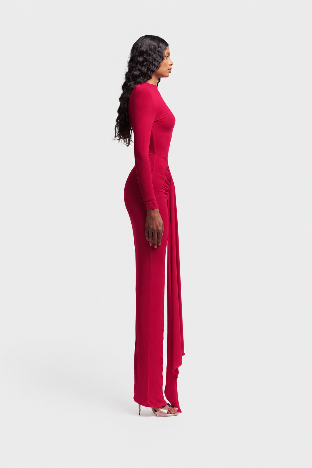Nora Ruched Draped Mesh Maxi Dress