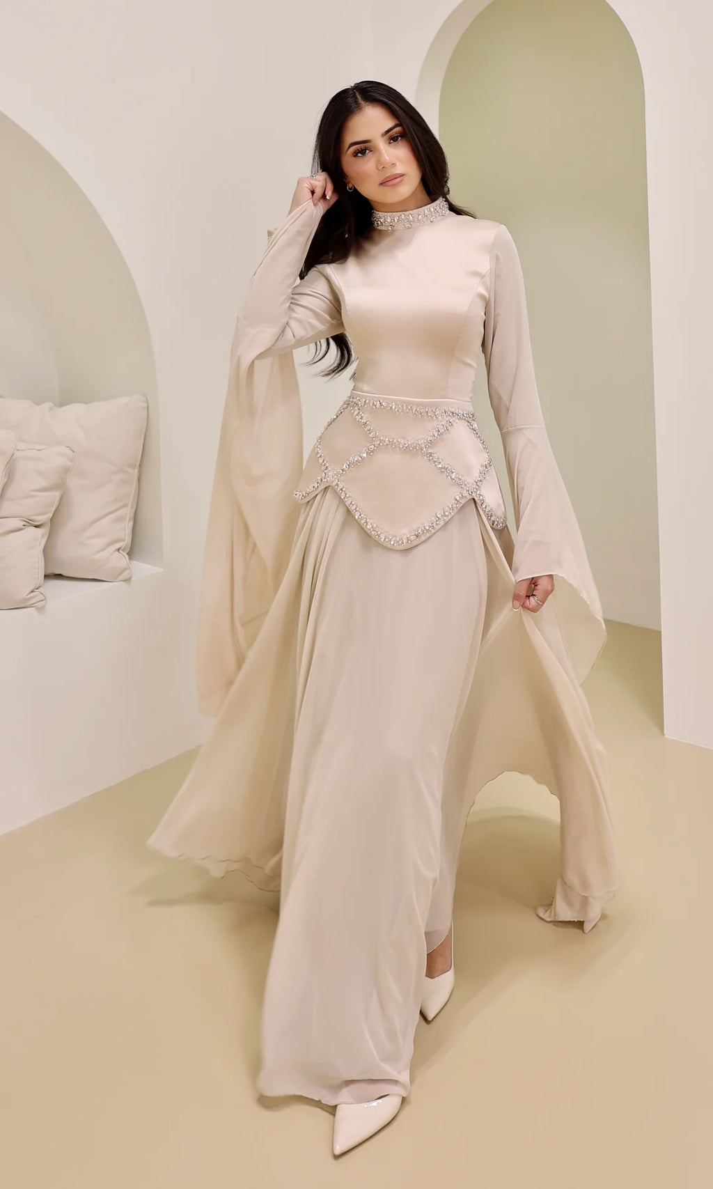 Lina Beaded Cape‑Sleeve Flowy Maxi Dress