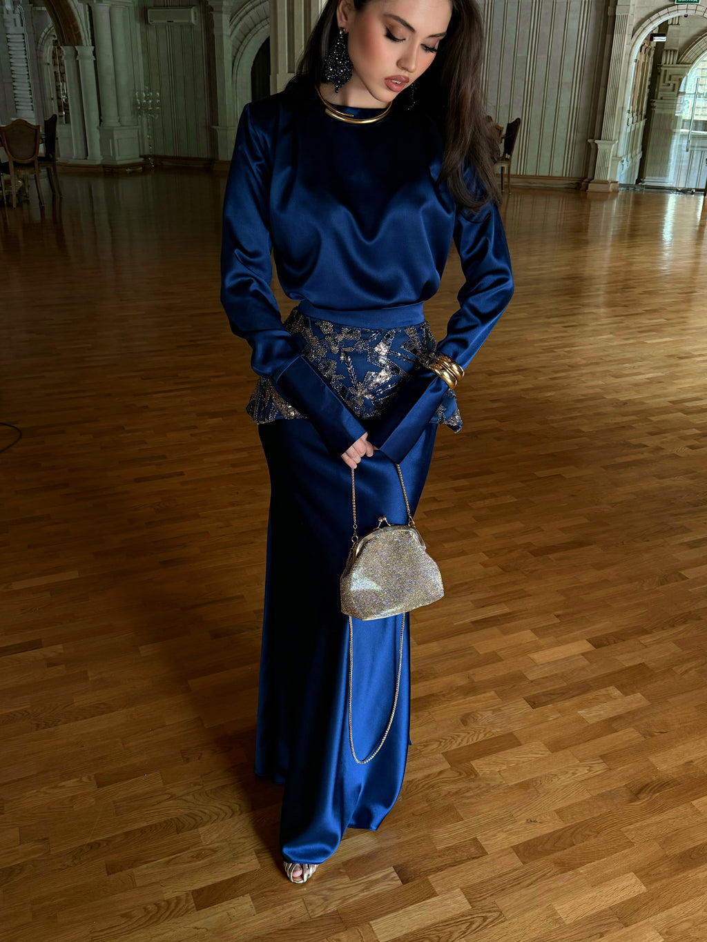 Zahra Embroidered Peplum Satin Two‑Piece Set-Blue
