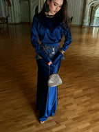 Zahra Embroidered Peplum Satin Two‑Piece Set-Blue