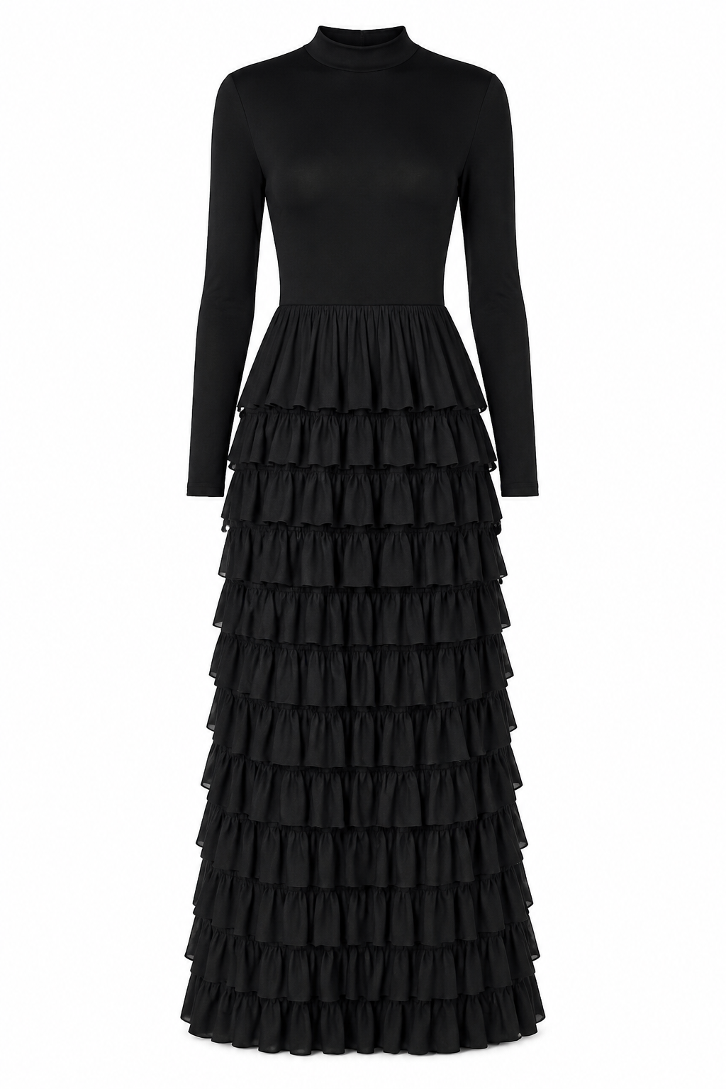 Dina High‑Neck Tiered Ruffle Maxi Dress