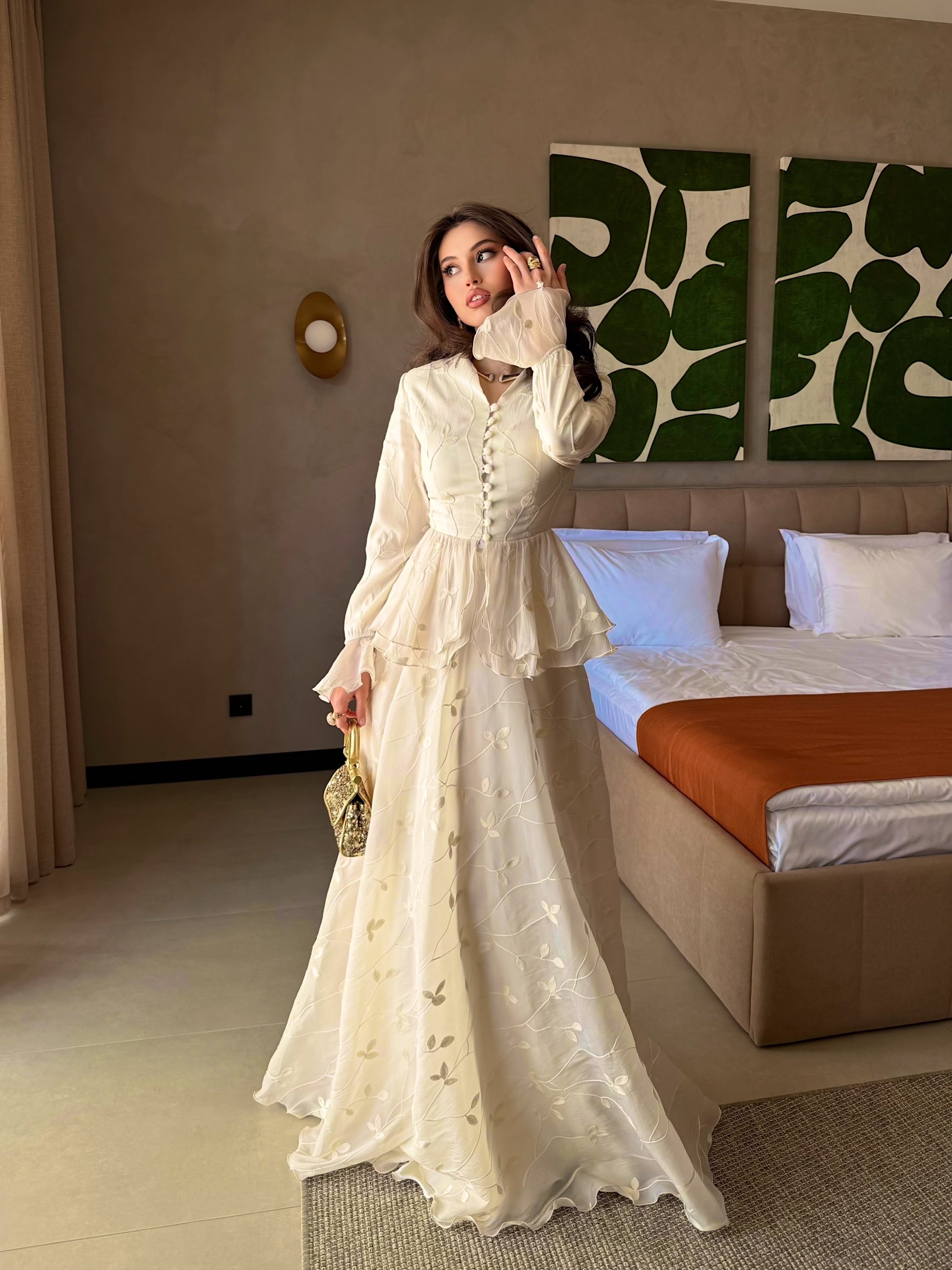 Raya Leaf‑Embroidered Ruffled Maxi Dress