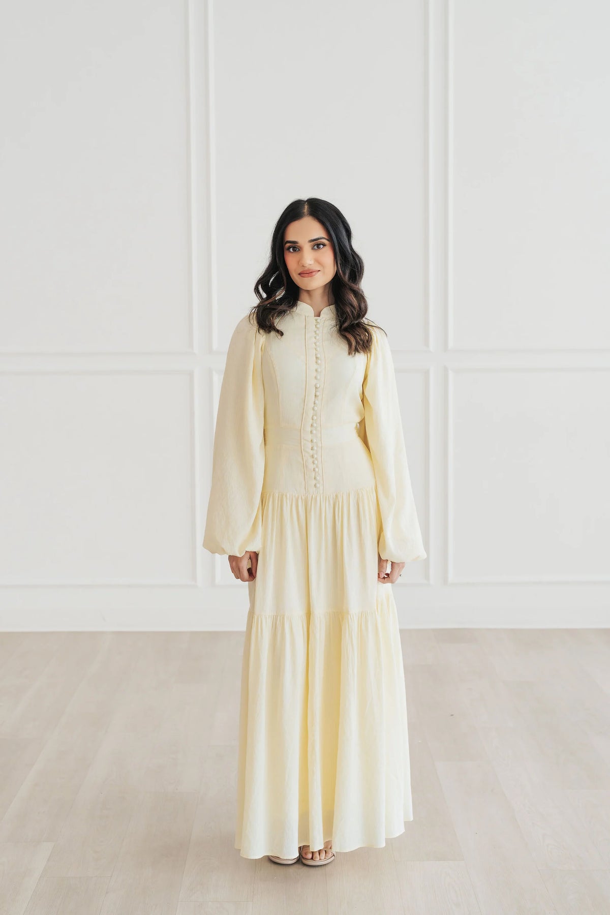 Mona Stand‑Collar Pearl Tiered Maxi Dress