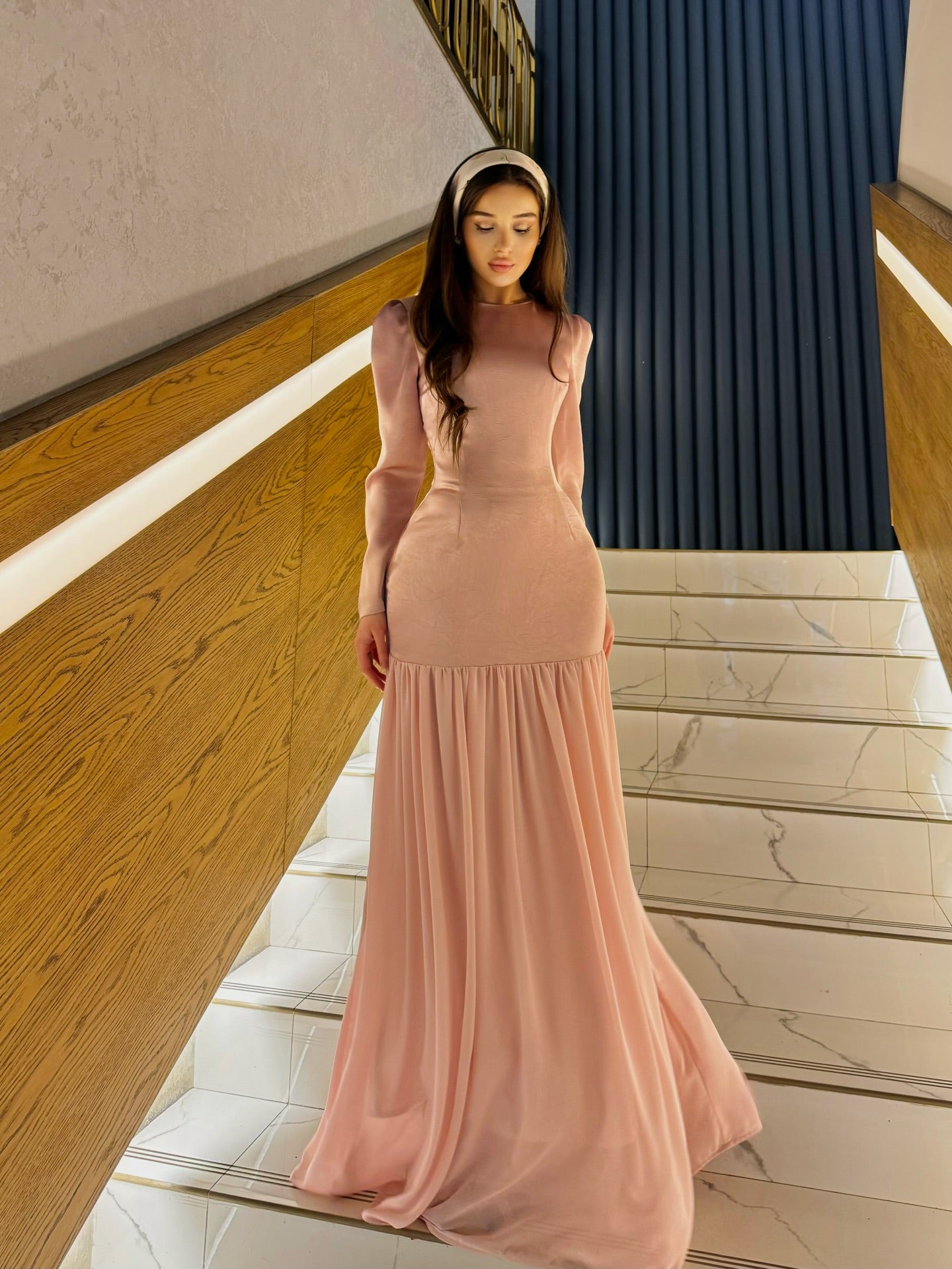 Hana Puff‑Sleeve Mixed‑Fabric Maxi Dress