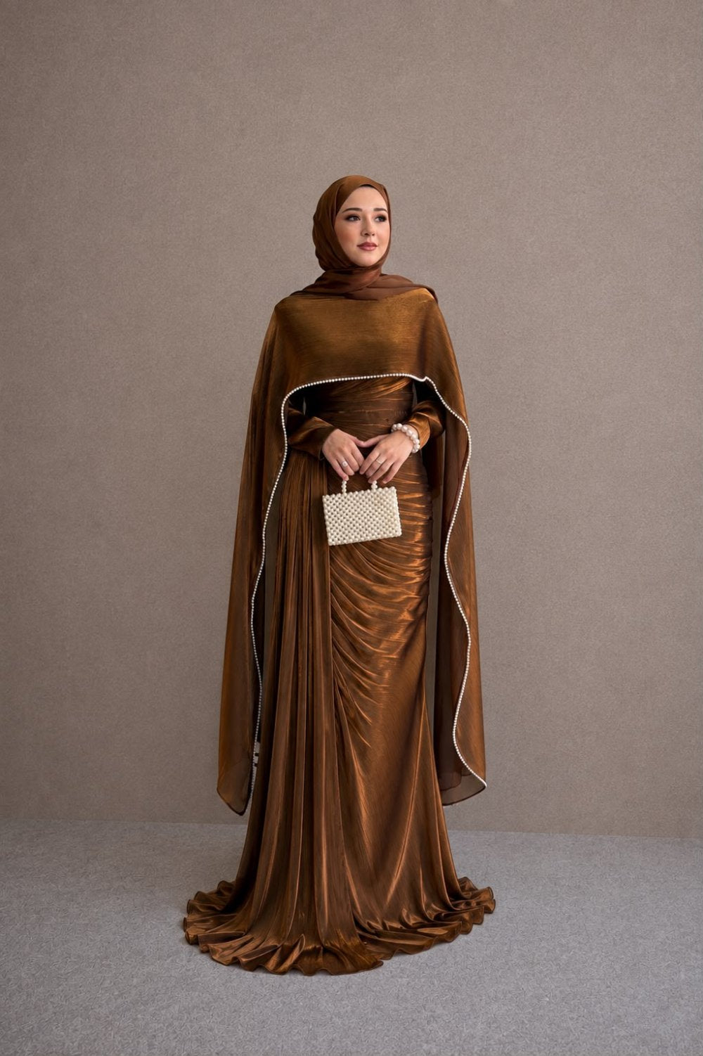 Salma Beaded Cape Ruched Maxi Dress