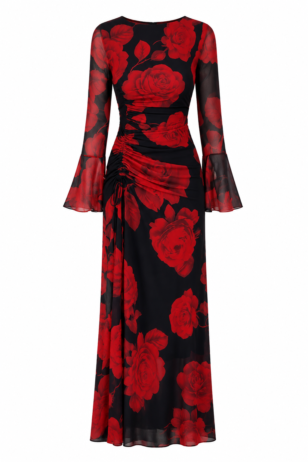 Lila Ruched Floral Flare‑Sleeve Maxi Dress