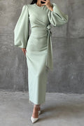 Hana Puff‑Sleeve Tie‑Waist Midi Dress