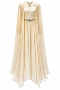 Maya Beaded Waist Cape Sleeve Maxi Dress-White