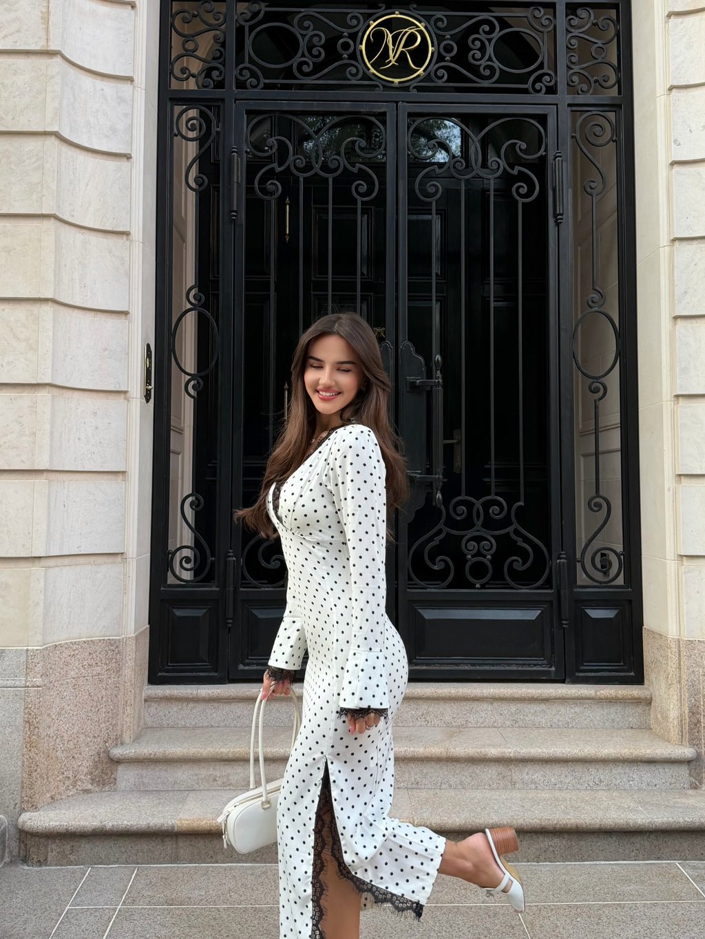 Mia Polka‑Dot Lace Trim Midi Dress