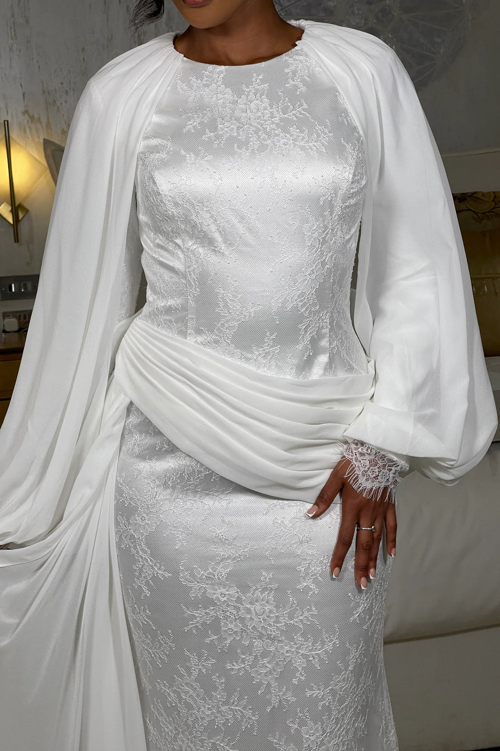Layla Lace Chiffon Cape Maxi Dress-White
