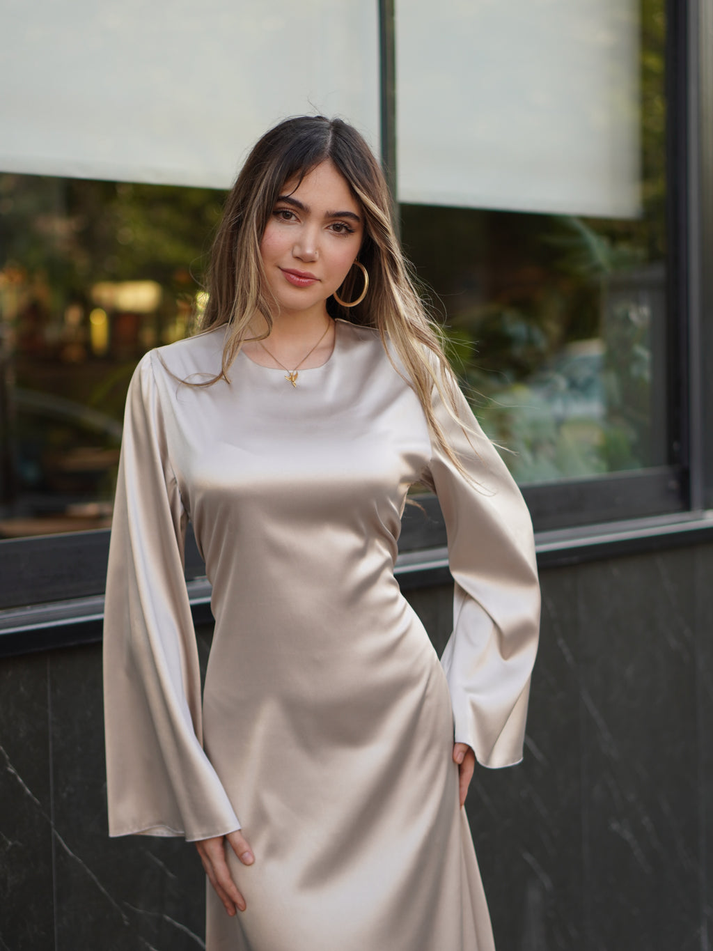Nora Satin Ruched Flare Sleeve Maxi Dress