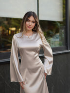 Nora Satin Ruched Flare Sleeve Maxi Dress