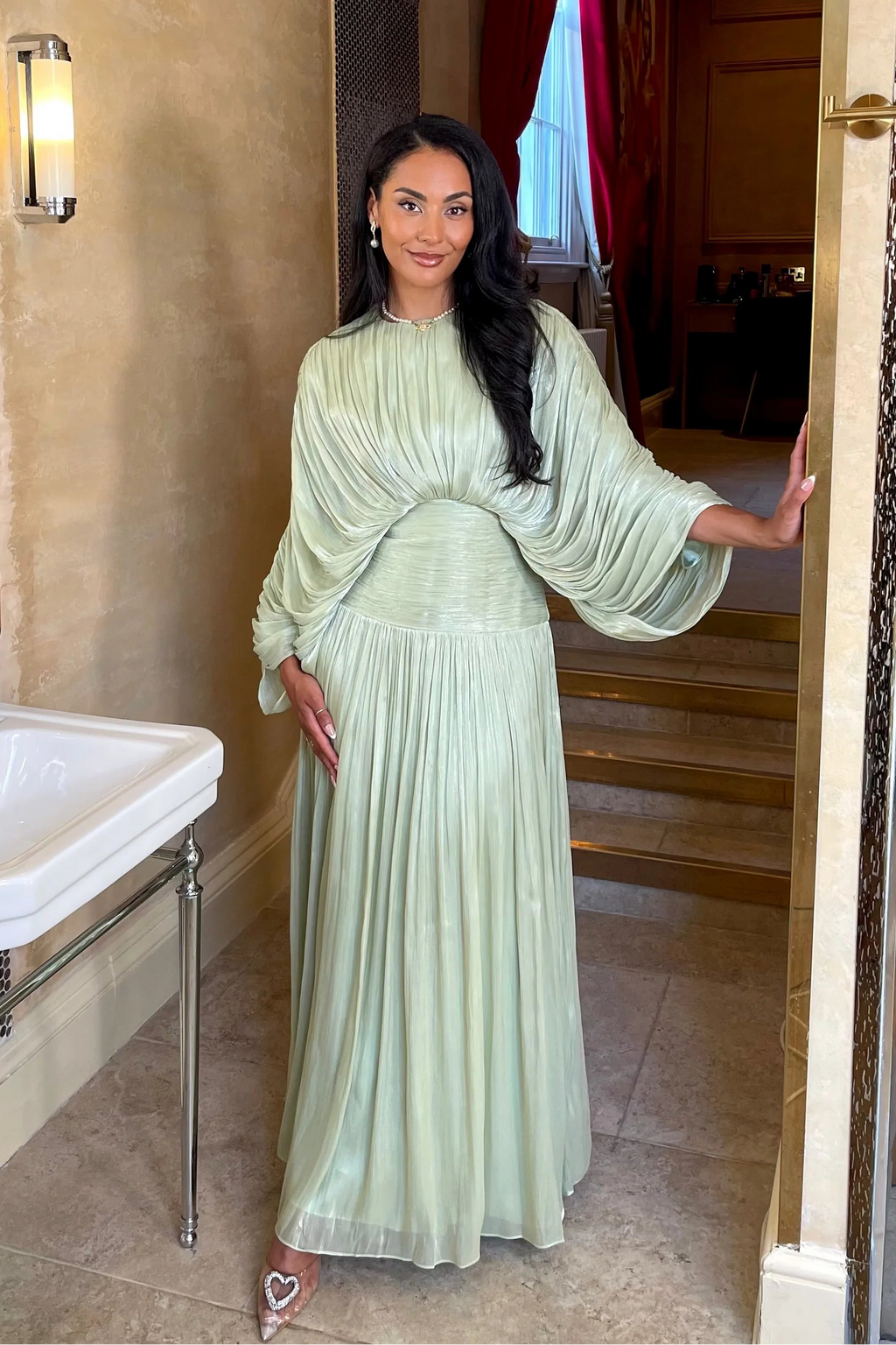 Sara Pleated Draped Sleeve Maxi Dress