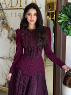Rina Beaded Neck Puff Sleeve Mermaid Dress-Red