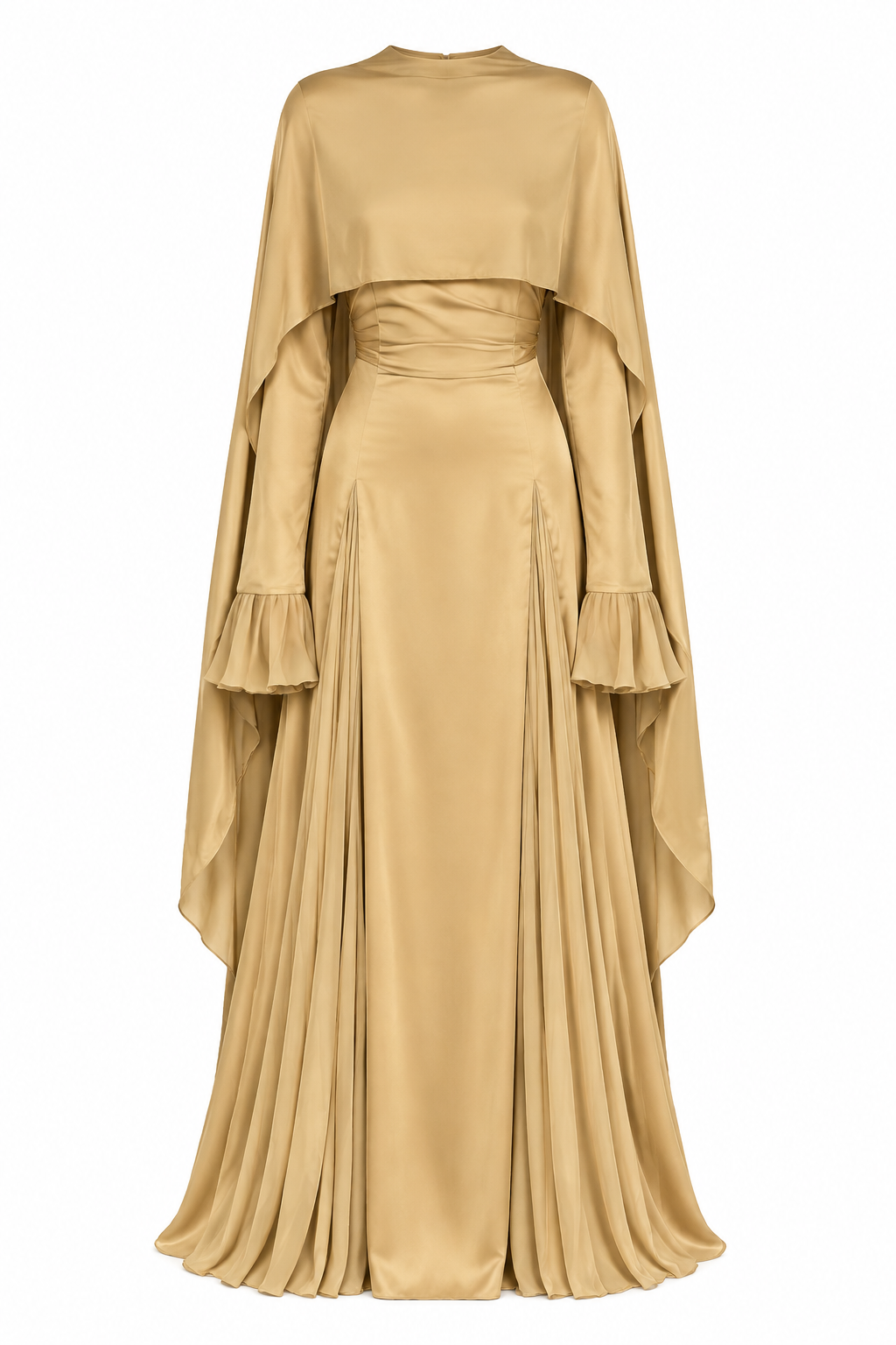 Huda Cape Overlay Ruffle‑Cuff Maxi Dress