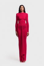 Nora Ruched Draped Mesh Maxi Dress