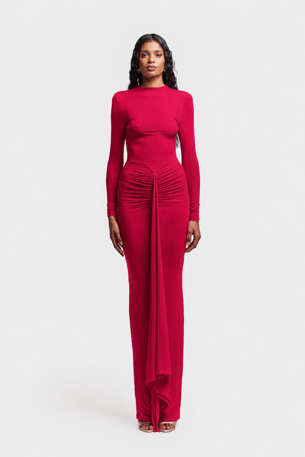 Nora Ruched Draped Mesh Maxi Dress