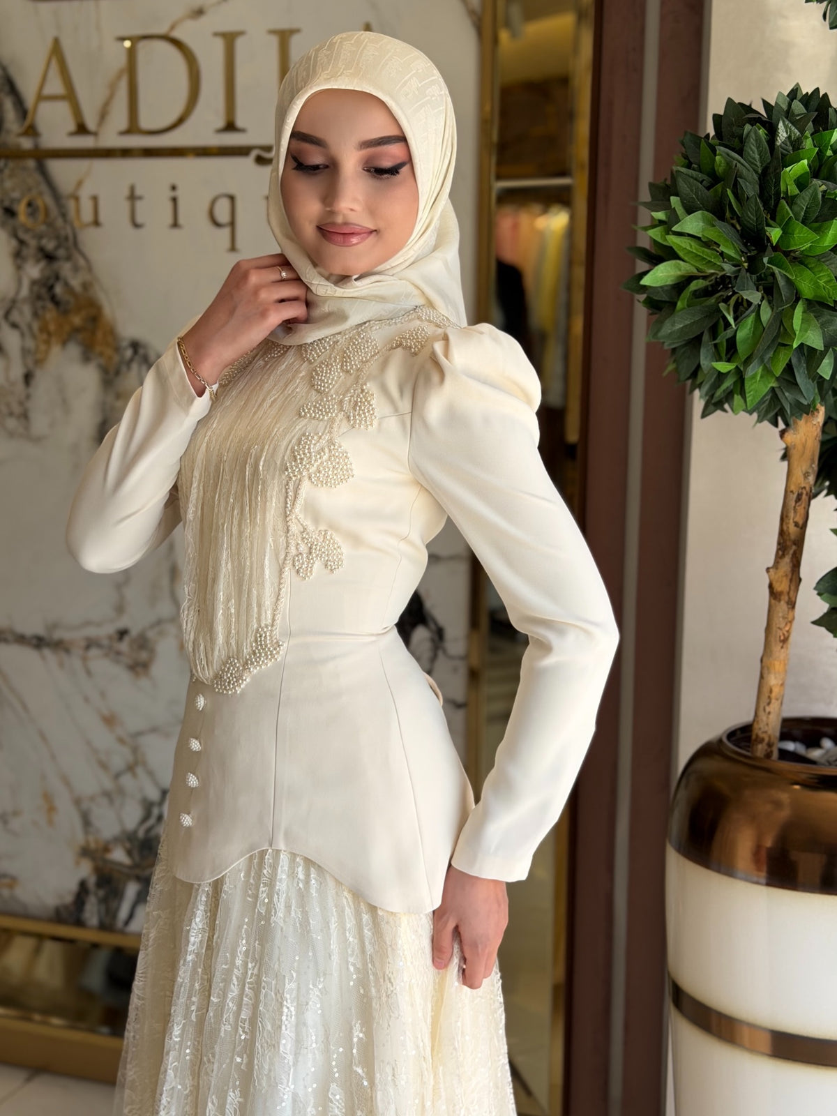 Rina Beaded Neck Puff Sleeve Mermaid Dress-White