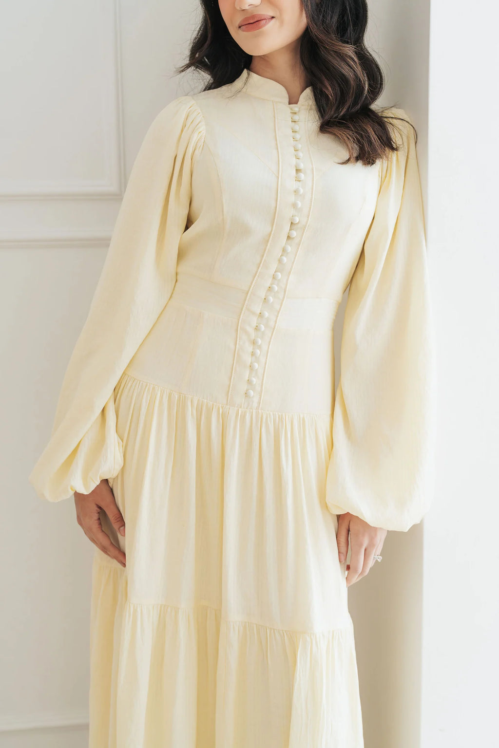 Mona Stand‑Collar Pearl Tiered Maxi Dress
