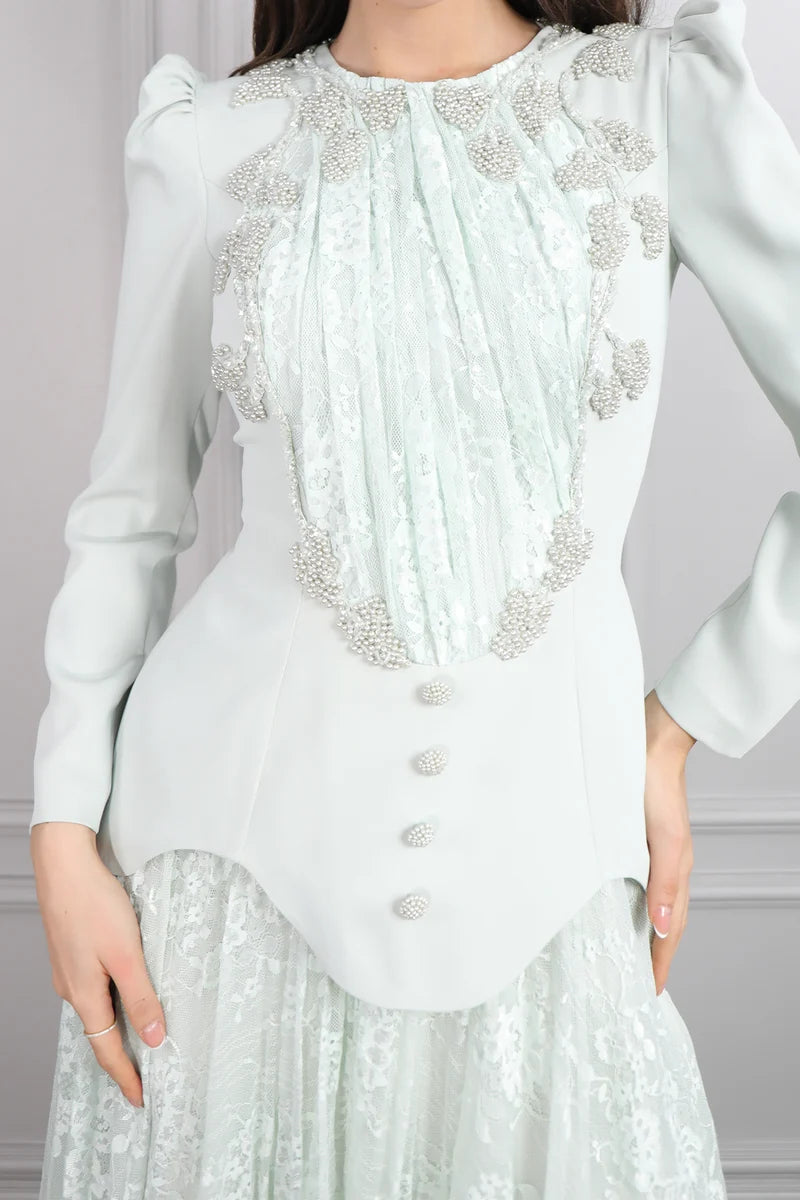 Rina Beaded Neck Puff Sleeve Mermaid Dress-Green