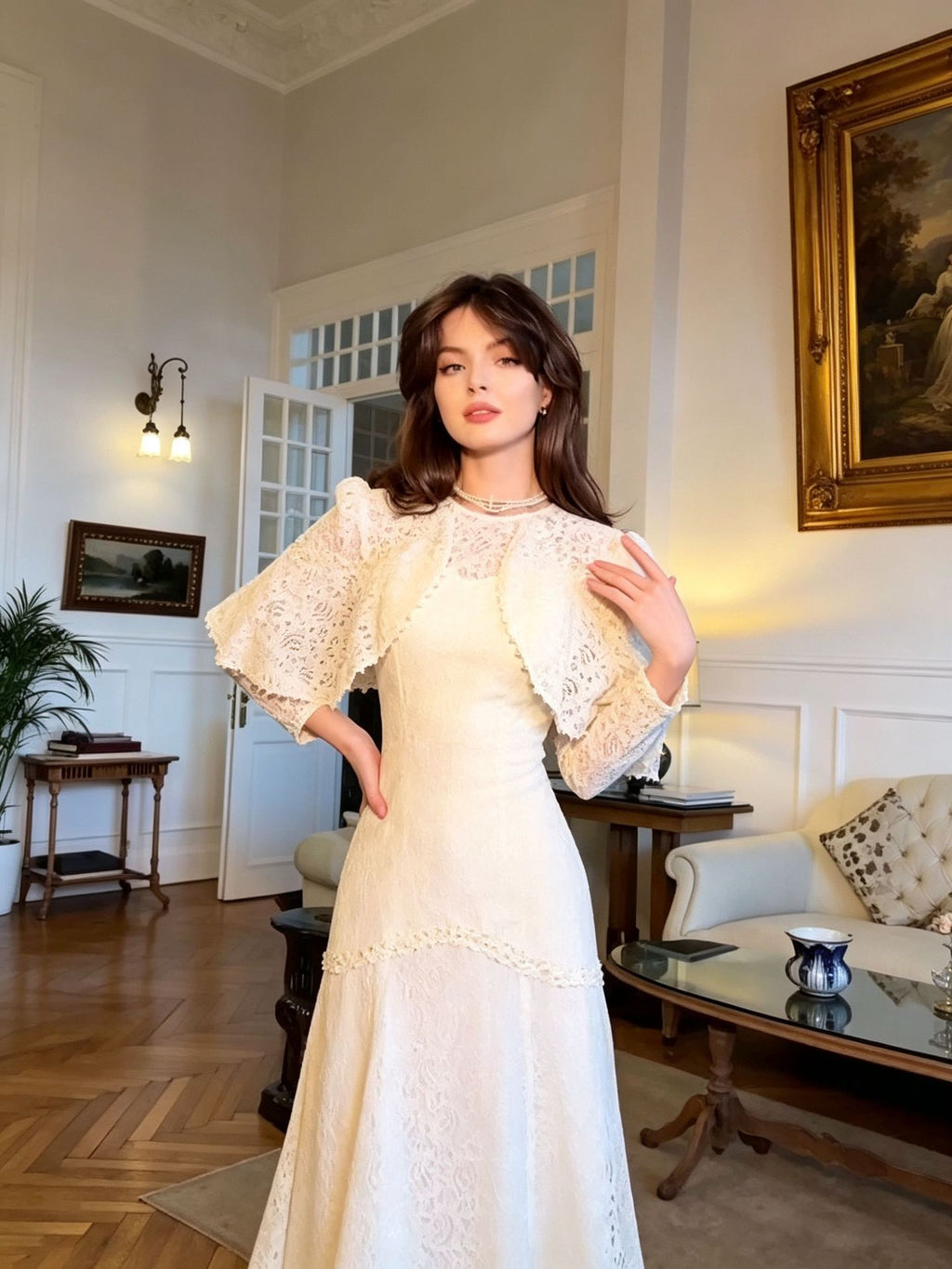 Layla Lace Cape Sleeve Mermaid Maxi Dress-Apricot