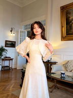 Layla Lace Cape Sleeve Mermaid Maxi Dress-Apricot