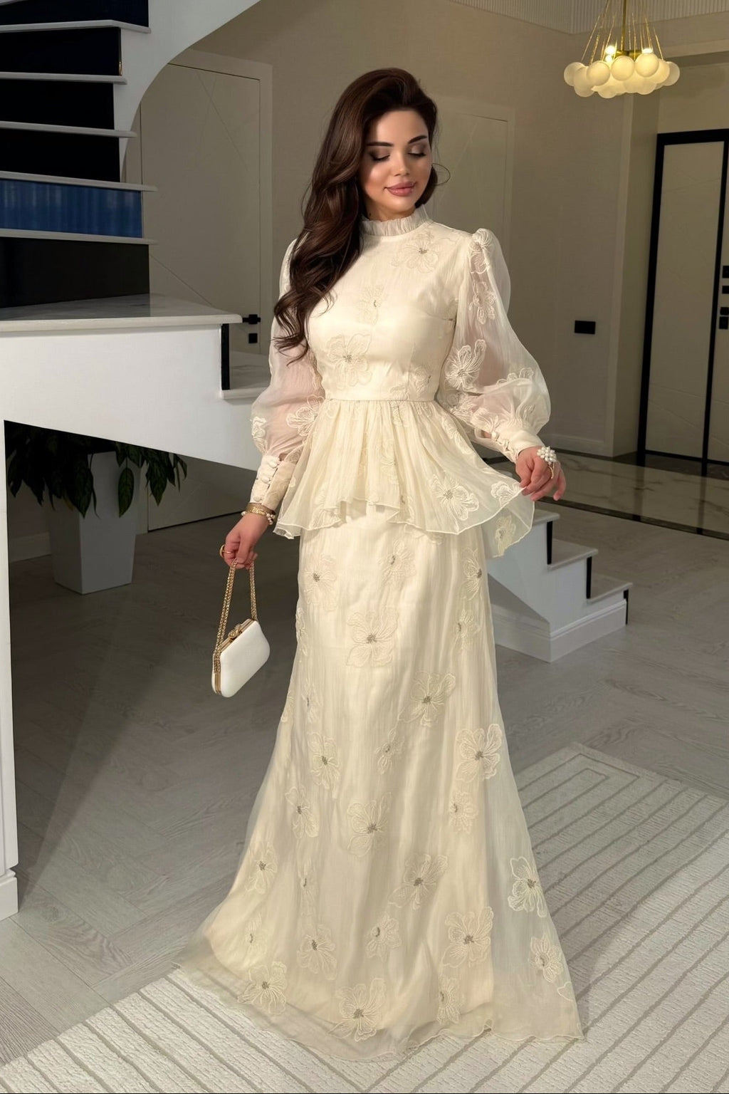 Zaraa Floral‑Embroidered Peplum Maxi Dress