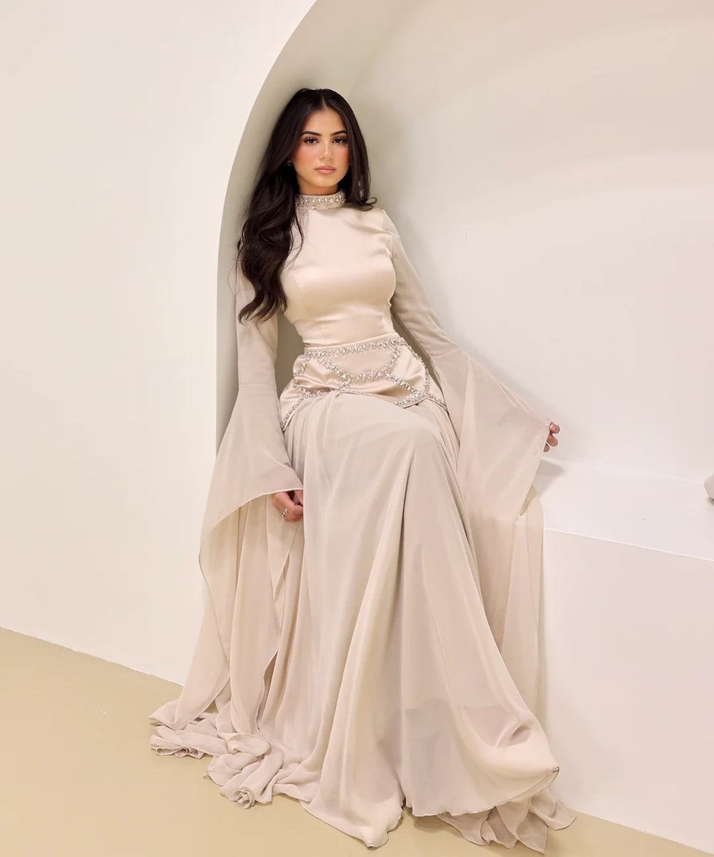 Lina Beaded Cape‑Sleeve Flowy Maxi Dress