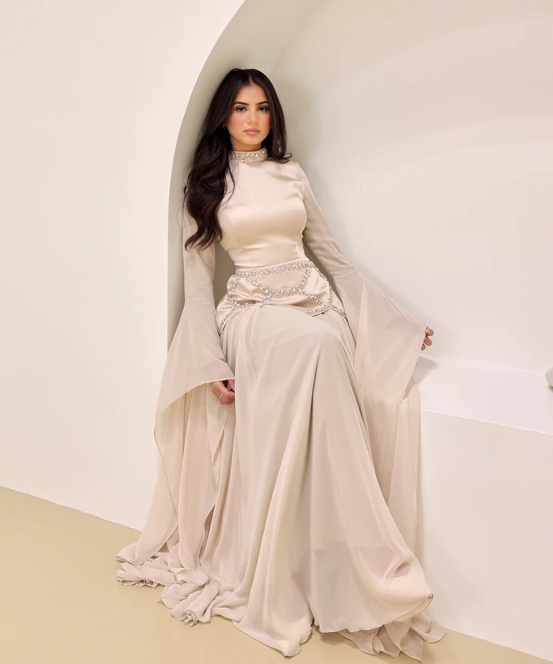 Lina Beaded Cape‑Sleeve Flowy Maxi Dress