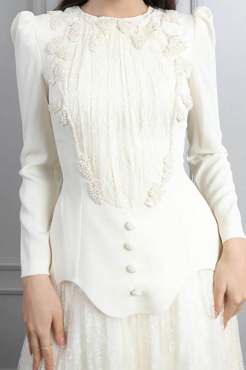 Rina Beaded Neck Puff Sleeve Mermaid Dress-White