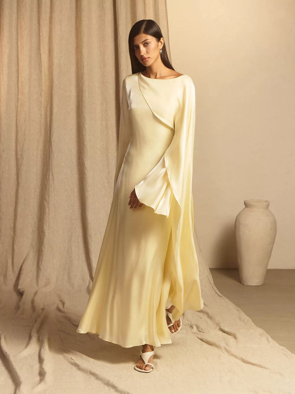 Nadia Draped Cape Satin Maxi Dress