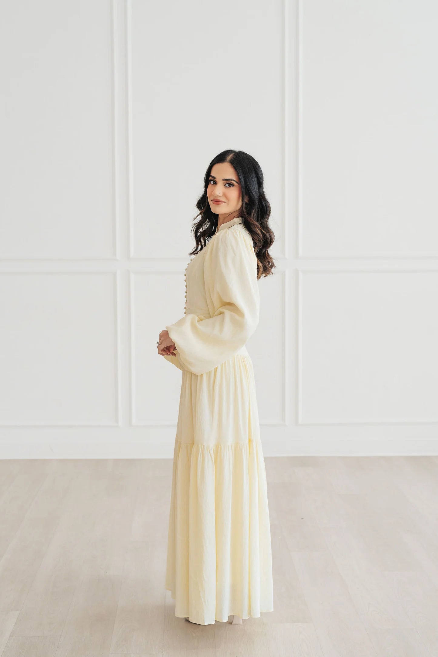 Mona Stand‑Collar Pearl Tiered Maxi Dress