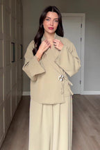 Elsa Floral Buckle Wrap Pant Suit-Apricot