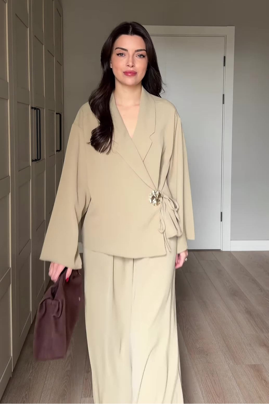 Elsa Floral Buckle Wrap Pant Suit-Apricot