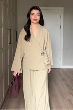 Elsa Floral Buckle Wrap Pant Suit-Apricot