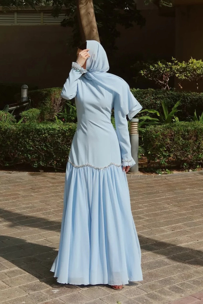 Elegant Peplum Maxi Dress with Crystal Scalloped Trim-Blue