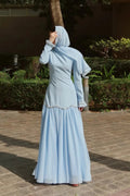Elegant Peplum Maxi Dress with Crystal Scalloped Trim-Blue